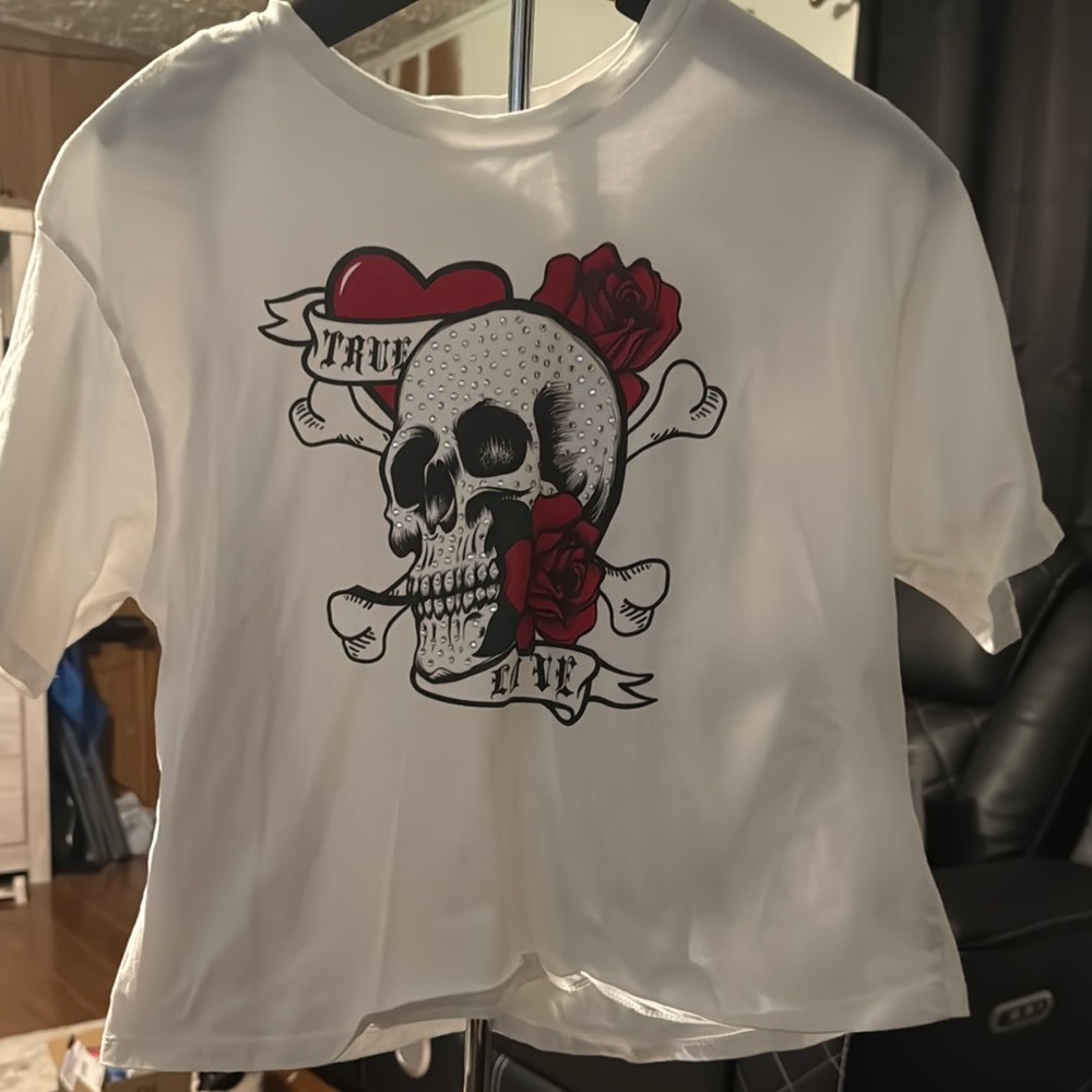 White Graphic Skull Crop Top with Red Accents